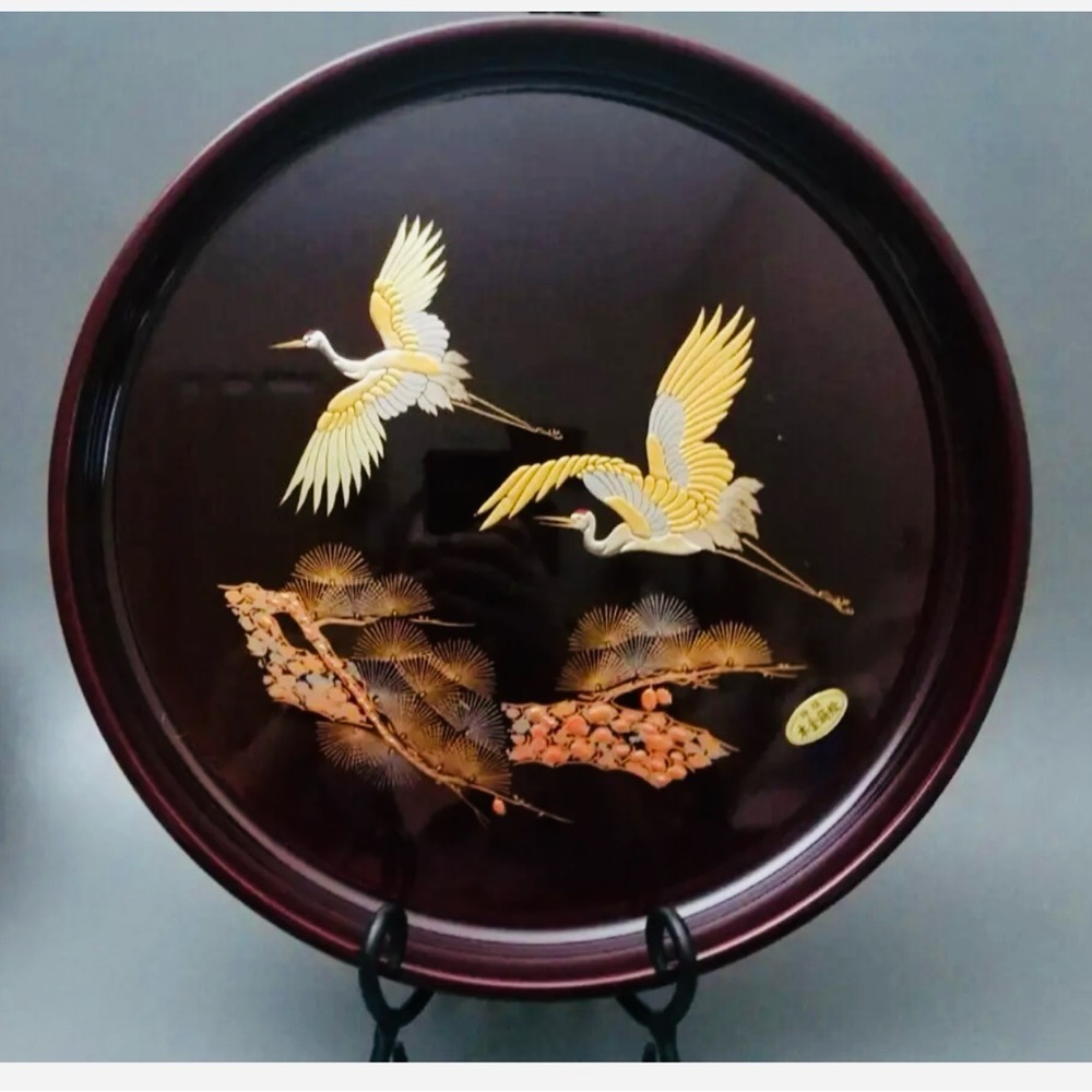Vintage Flying crane Birds plastic burgundy Tray with black stand Japan 13”